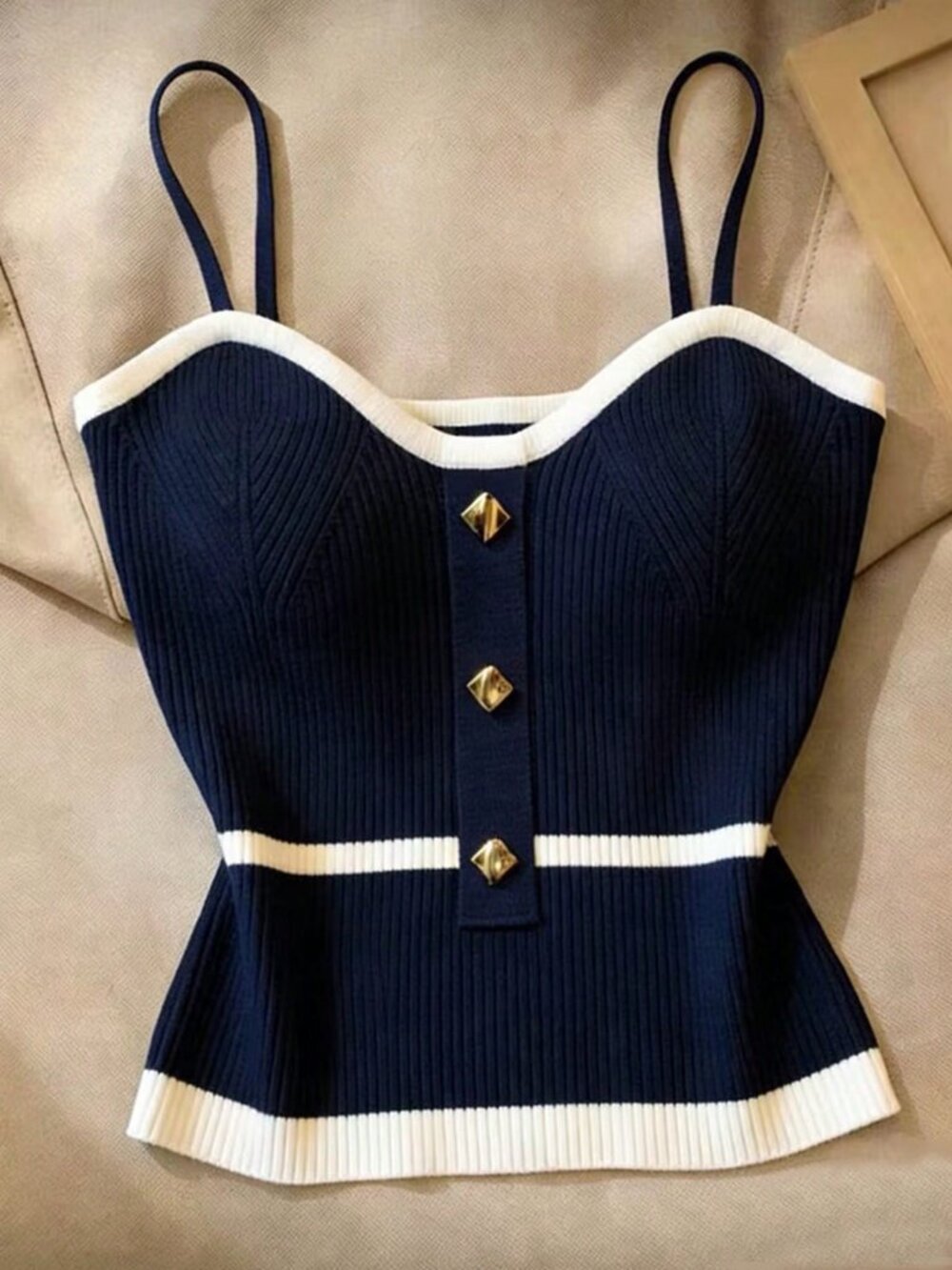 Navy Blue Casual Women's Contrast Color Camisole Knit Top